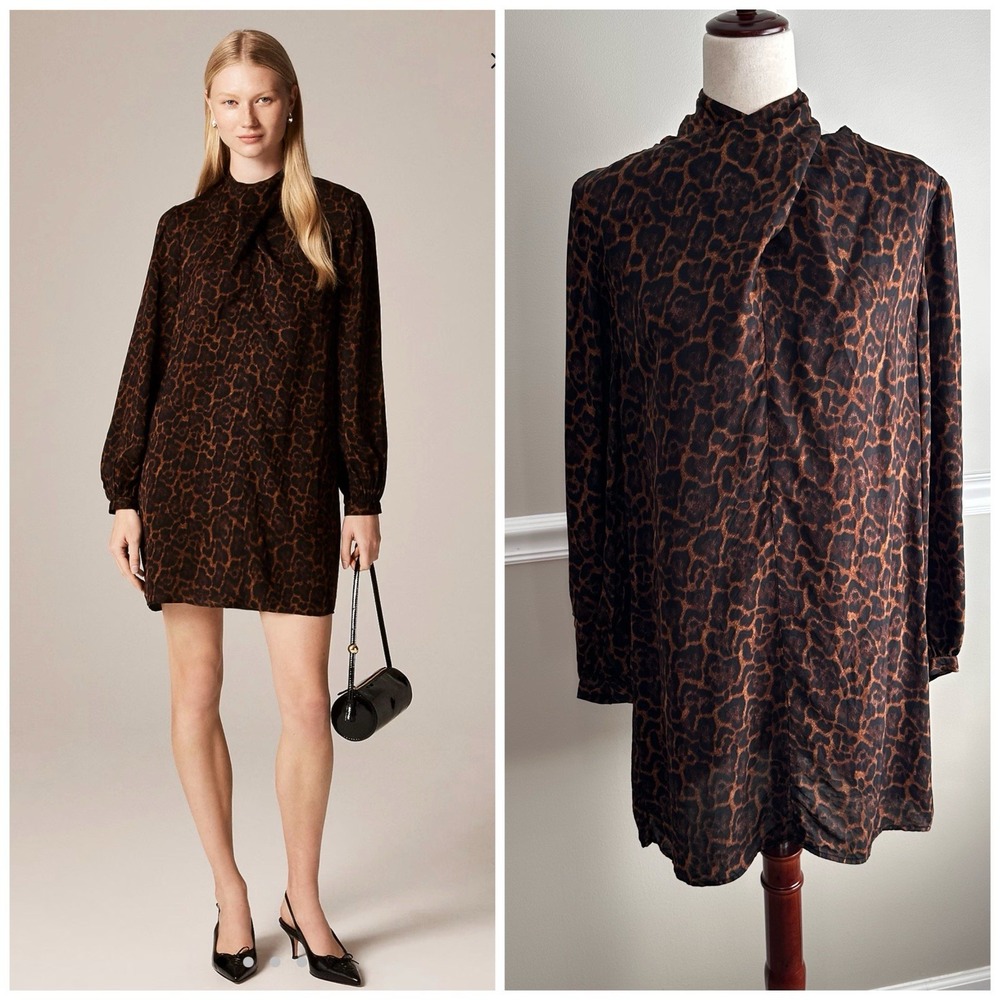 J Crew Scarf-Neck Shift Dress Leopard Print M Statement Office Preppy Party